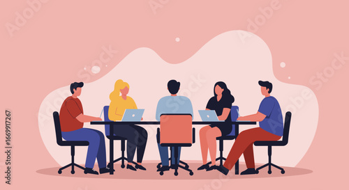 Diverse team actively collaborates in a modern office meeting, utilizing laptops for productivity. Perfect for business, teamwork, and innovation concepts.