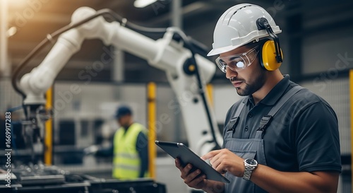 Focused factory worker utilizes a tablet computer in a modern manufacturing setting, while a robotic arm is in the background.