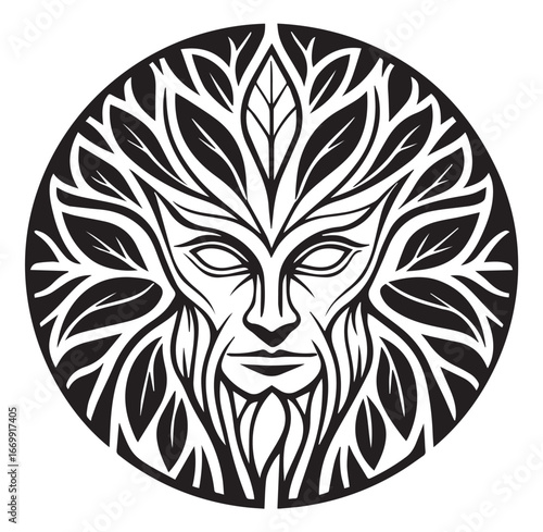 Mystical green man emblem with intricate leafy beard and crown symbolizing nature s power and ancient wisdom