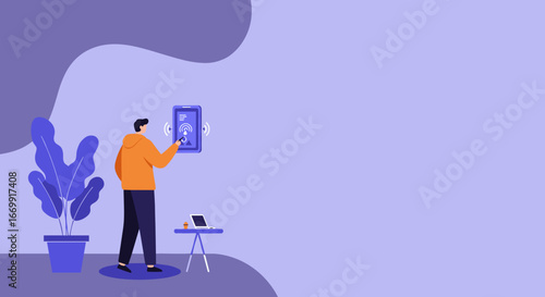 Man interacting with a smart home control panel, managing connected devices in a modern, minimalist setting. Represents smart living and IoT.
