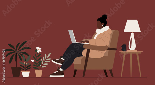Woman working remotely on laptop in a comfortable, cozy home setting with plants and warm lighting. Ideal for remote work, freelance, or online business concepts.