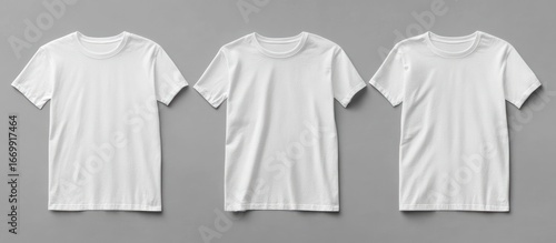 Three plain white t-shirts displayed on a neutral gray background, ready for design.