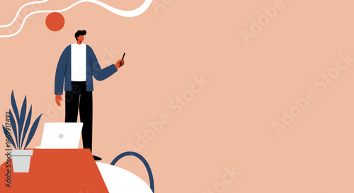 Modern businessman standing by a laptop and plant, holding a stylus for a presentation or digital work. Ideal for business, technology, and remote work concepts.