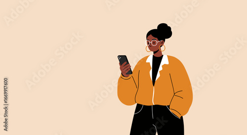 Stylish young Black woman engrossed in her smartphone, depicting modern communication, social media, and a digital lifestyle.