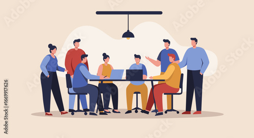 Diverse business team collaborating in a modern office meeting room, discussing project ideas. Highlights teamwork, strategy, and corporate success.
