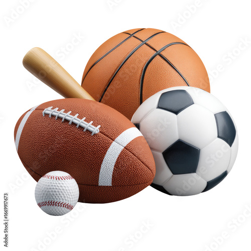 Assortment of sports equipment basketball, football, baseball, soccer ball & bat
