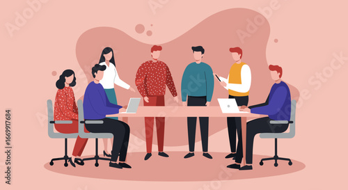 Diverse business team collaborating in a modern office meeting, fostering teamwork and innovation. Perfect for corporate productivity and communication visuals.