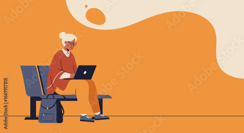 Focused senior woman working on a laptop while seated on a bench. Illustrates digital literacy, active retirement, and modern senior lifestyle.