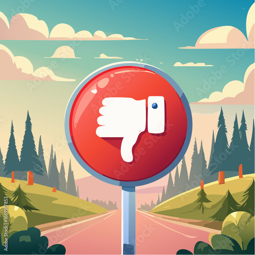 Red round dislike button with thumb down vector