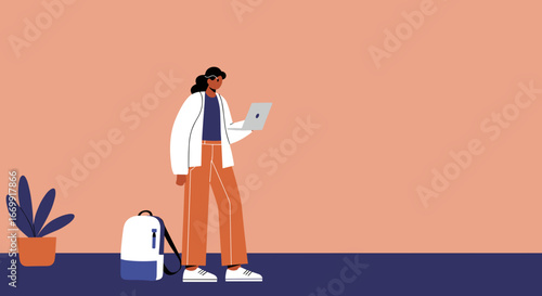 Modern flat design illustration of a young woman working on her laptop. Represents remote work, education, digital lifestyle, and online learning.