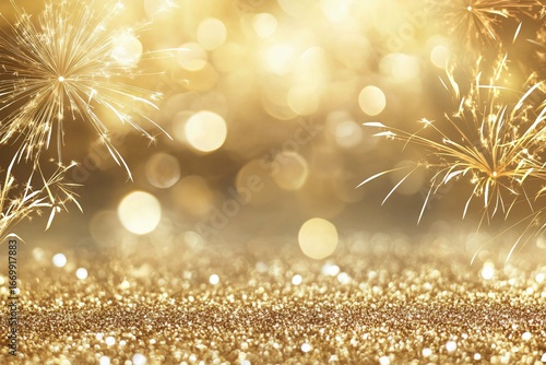 Sparkling golden fireworks light up celebration bokeh background
