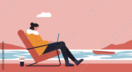 Woman working on laptop outdoors by the water, showcasing remote work, digital nomad lifestyle, and flexible productivity.