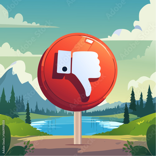 Red round dislike button with thumb down vector