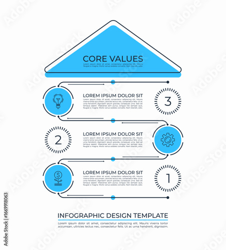 Modern business infographic template with step-by-step layout. Minimal flat infographic design with three steps. Suitable for illustrating processes, timelines, startup concepts, growth strategies.