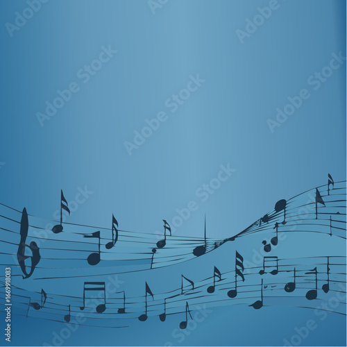 Old grunge blue music background with black notes