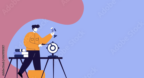 An illustrated man meticulously operates a device, resembling an old camera or scientific instrument, on a table with books. Represents research, learning, or creative development.