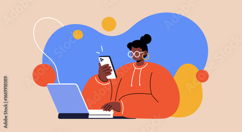 Person engaged with smartphone and laptop, multitasking for remote work, digital communication, or online learning. Modern technology for business and lifestyle.