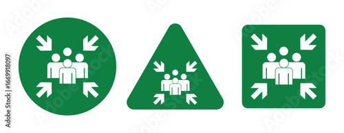 Emergency assembly point sign. Assembly point sign symbol vector illustration isolated on white background. Emergency assembly point sign, logo, badge, icon, sticker, label, emblem, stamp, symbol.