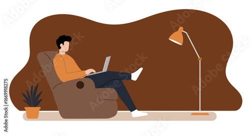 A man comfortably works remotely on a laptop in a cozy home setting, representing freelancing, online education, or casual business.