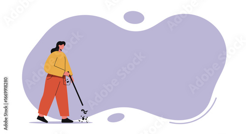 Illustration of a woman tidying up, picking debris from the ground into a bag. Represents cleanliness, responsibility, and environmental action.