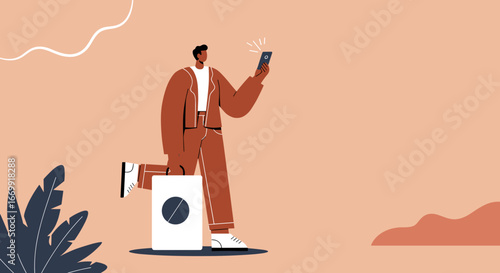 A modern man uses his smartphone while walking with a shopping bag, illustrating mobile commerce, online services, and convenient lifestyle.