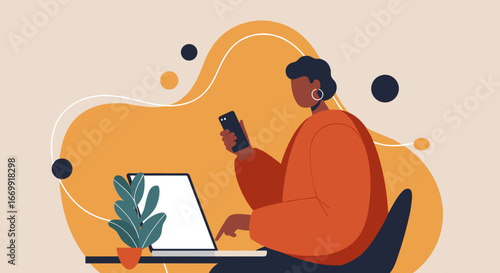 Modern professional uses laptop and smartphone simultaneously, embodying remote work, productivity, and digital connectivity in a stylish setting.