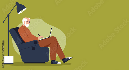 Senior man working comfortably on his laptop with a stylus in an armchair under a lamp. Represents remote work, lifelong learning, and digital lifestyle for retirees.