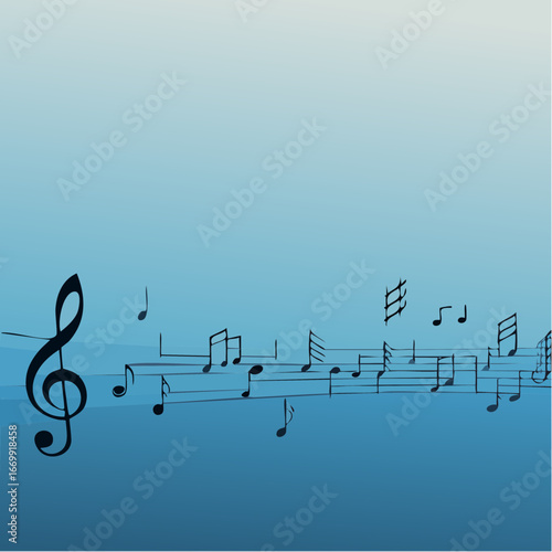 Old grunge blue music background with black notes