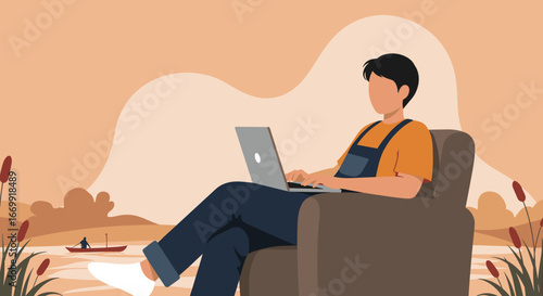 Man working remotely on a laptop in a cozy armchair by a peaceful lake with cattails, illustrating modern work-life balance, digital nomad lifestyle, and productivity in nature.
