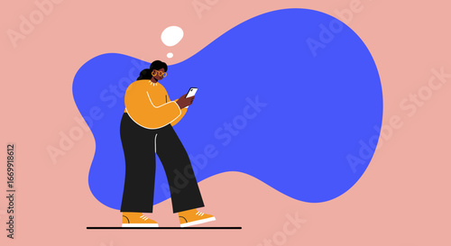 Woman using smartphone, deep in thought or generating ideas. Ideal for modern communication, digital lifestyle, technology, and creative thinking concepts.