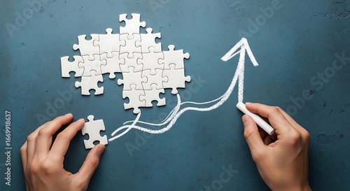 A hand places a puzzle piece, while another hand draws an upward trend line, symbolizing growth and progress on a textured surface.