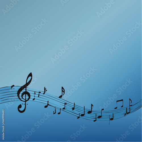 Old grunge blue music background with black notes
