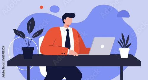 A focused professional works diligently on a laptop at a modern desk, embodying productivity and remote work. Ideal for business, technology, or lifestyle content.