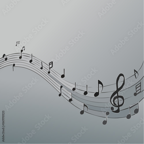 Old grunge grey music background with black notes