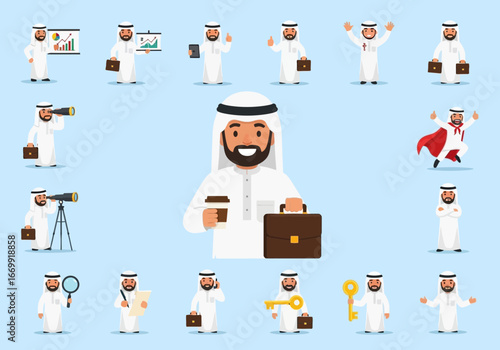 Collection of cartoon illustrations featuring a smiling Arab businessman in traditional clothing, showcasing various poses, actions, and business-related activities.