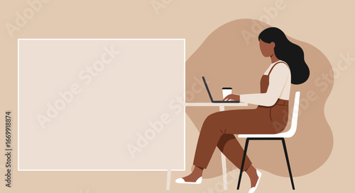 Focused woman working remotely on laptop with coffee, suitable for business, education, or lifestyle content. Copy space for text.