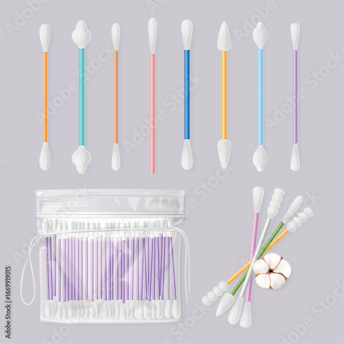 Realistic cotton swabs. Eared sticks cottons bud pack for ear care clean or medical dna test, swabs plastic flexible stick individual hygienic cosmetic, exact vector illustration