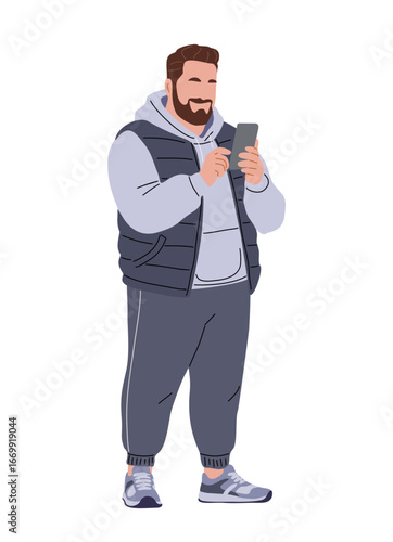 Flat vector illustration of plus-size man in his 40s with beard, wearing vest, hoodie, joggers, sneakers, standing sideways holding smartphone. Isolated on transparent background