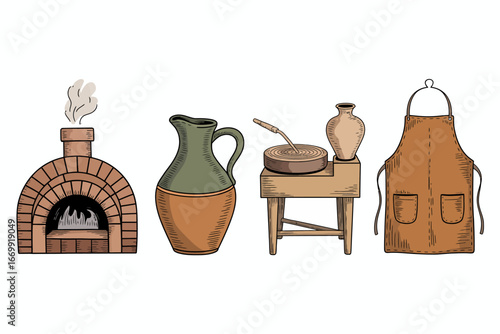 Artisan Pottery Tools and Workshop Illustration with Kiln Pitcher Wheel and Apron in a Rustic Setting for Handmade Creations
