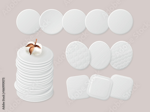 Realistic cotton pads. Padded disk with absorbed texture, white round pad stack packaging makeup cosmetic hypoallergenic remover for clear face skin care