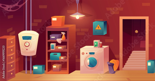Boiler room. Home laundry cartoon interior, hvac pipe plumbing warm water system washing machine detergent on cabinet shelf house staircase in basement cellar vector illustration