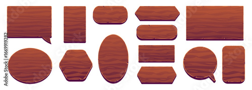 Game wooden signs. Cartoon plaque wood texture ui buttons assets, farm banner plate square round speech bubble shape menu frame plank plate board gaming set vector illustration