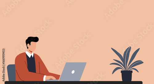 A focused man in professional attire works diligently on his laptop at a minimalist desk, ideal for business, technology, or remote work concepts.
