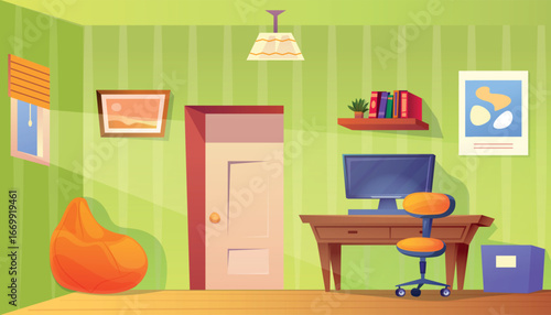 Home office interior. Cartoon house room for remote work, computer desk chair at table relax gaming online study place freelance job workplace inside green wall vector illustration