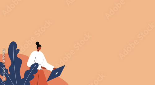 Woman working remotely on a laptop in a serene, natural setting. Represents freelance work, online education, or modern digital lifestyle.