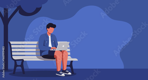 Man working on laptop on a park bench. Represents remote work, outdoor study, digital lifestyle, and flexible career concepts.