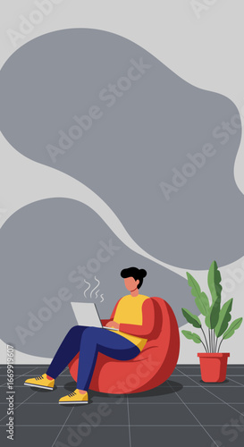 Person comfortably working on a laptop from a red bean bag chair at home, embodying remote work flexibility and modern lifestyle. Ideal for business, technology, and lifestyle concepts.