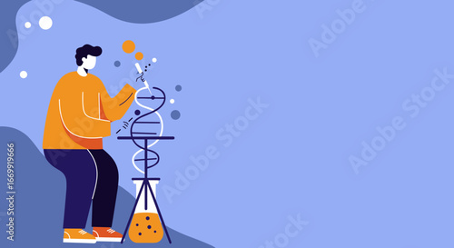 Scientist performing genetic research, studying a DNA helix for medical advancement and biotechnology. Concept of innovation, discovery, and scientific development.