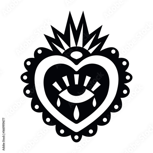 Sacred Heart with Eye Vector Illustration. Stylized sacred heart with an eye and tear drops in black and white vector illustration. Symbolic design often associated with spirituality and emotion. 