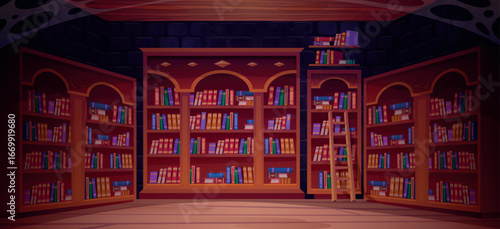 Old library interior. Library dark night room inside medieval castle, bookcase books on shelf bookshelf of magic school university abandoned bookshop cartoon vector illustration